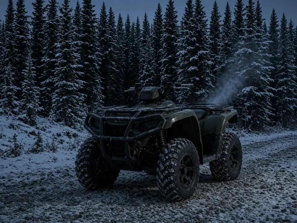Green ATV on a gravel trail at dusk, snow-covered spruce behind it
