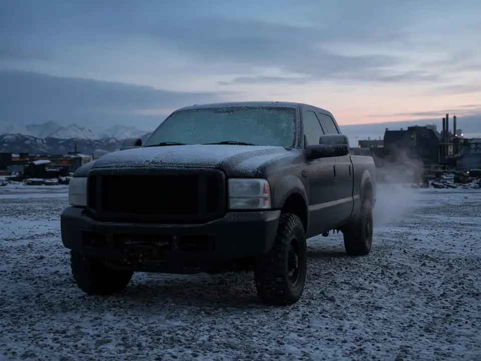 Frost-covered pickup in a snowy lot at dusk, mountains behind it