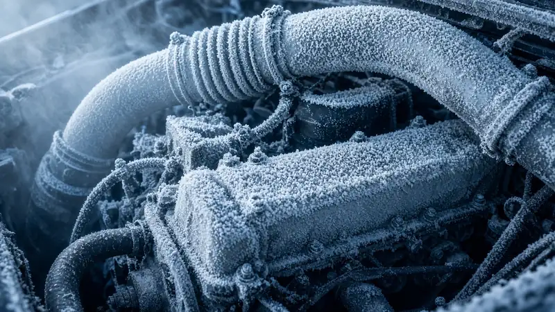 Truck engine coated in frost, intake hose and valve cover frozen over