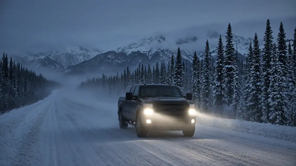 Pickup with headlights on, driving a snowy highway through spruce and mountains