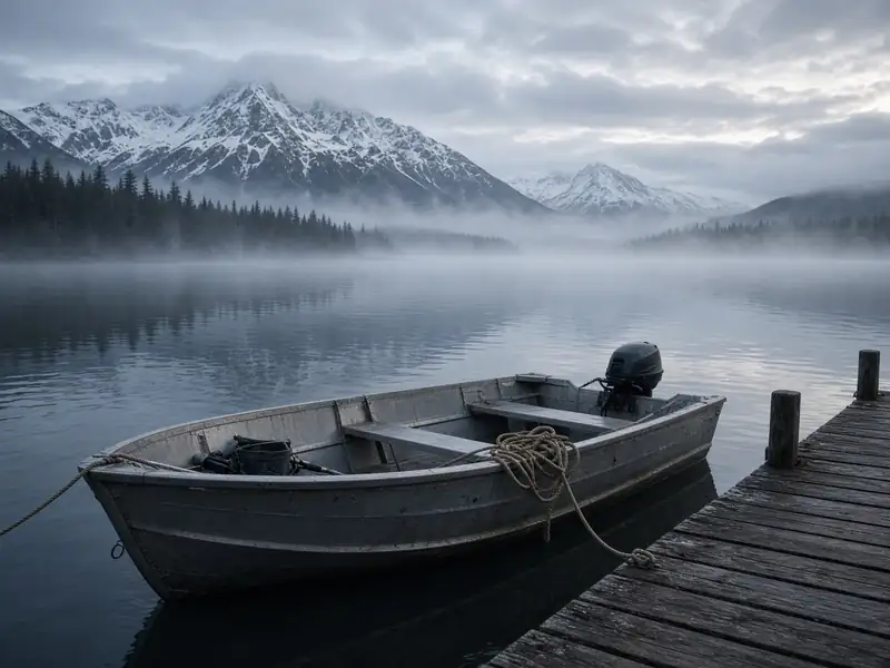 Aluminum skiff with an outboard tied to a dock on a misty mountain lake