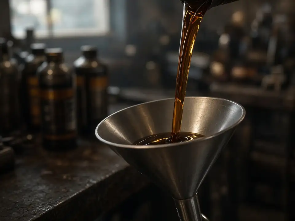 Amber motor oil pouring through a steel funnel on a workbench