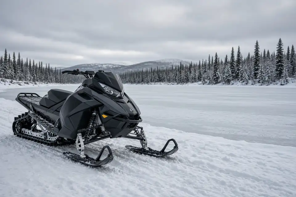 Black snowmobile parked beside a frozen lake, spruce forest behind it